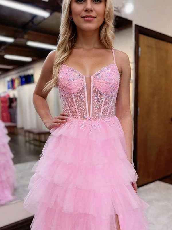 Pink Tulle Tiered Corset Long Prom Dress with Slit