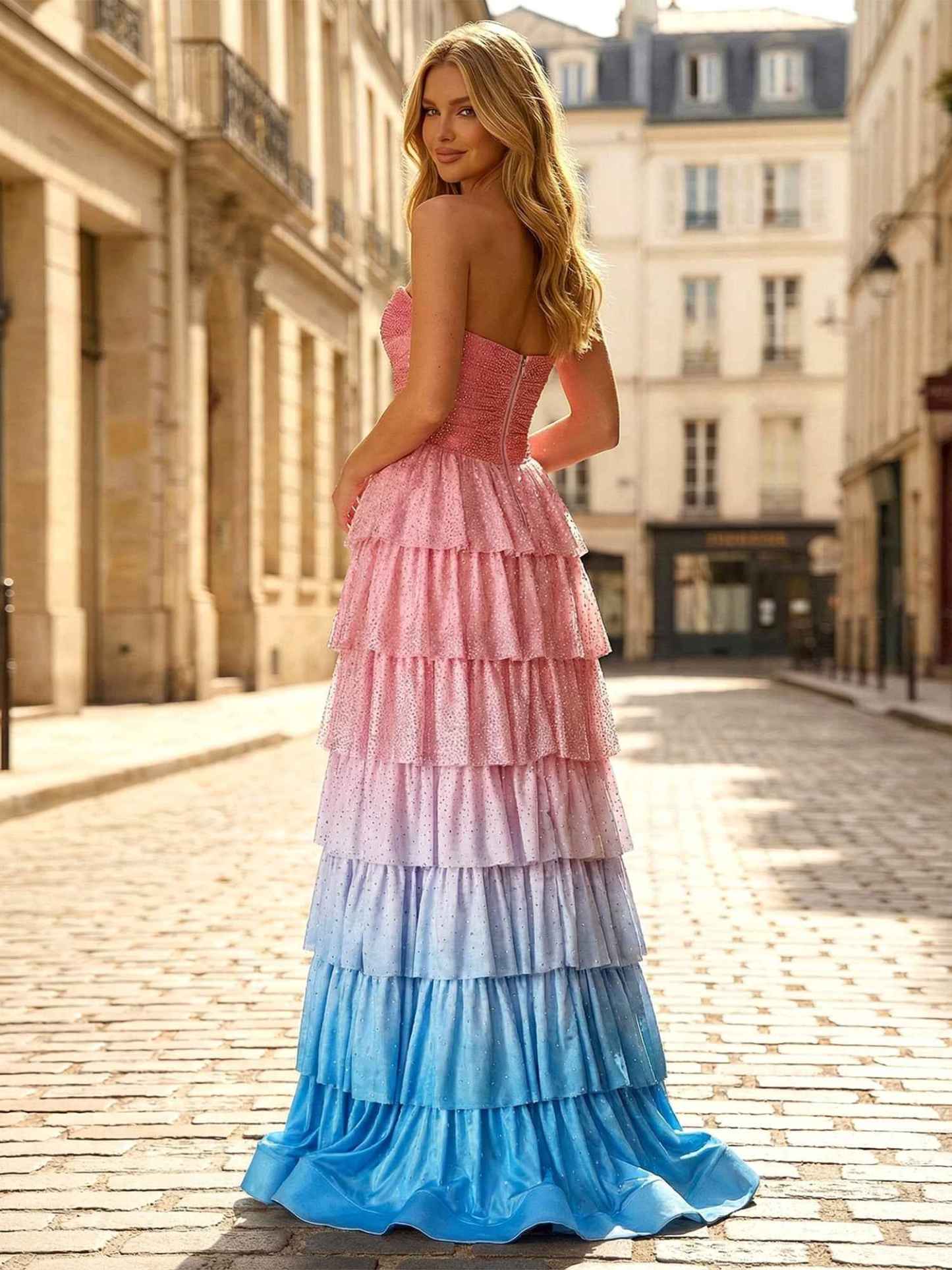 Pink Tiered Ruffle Cut-Out Bodice Prom Dress with Slit