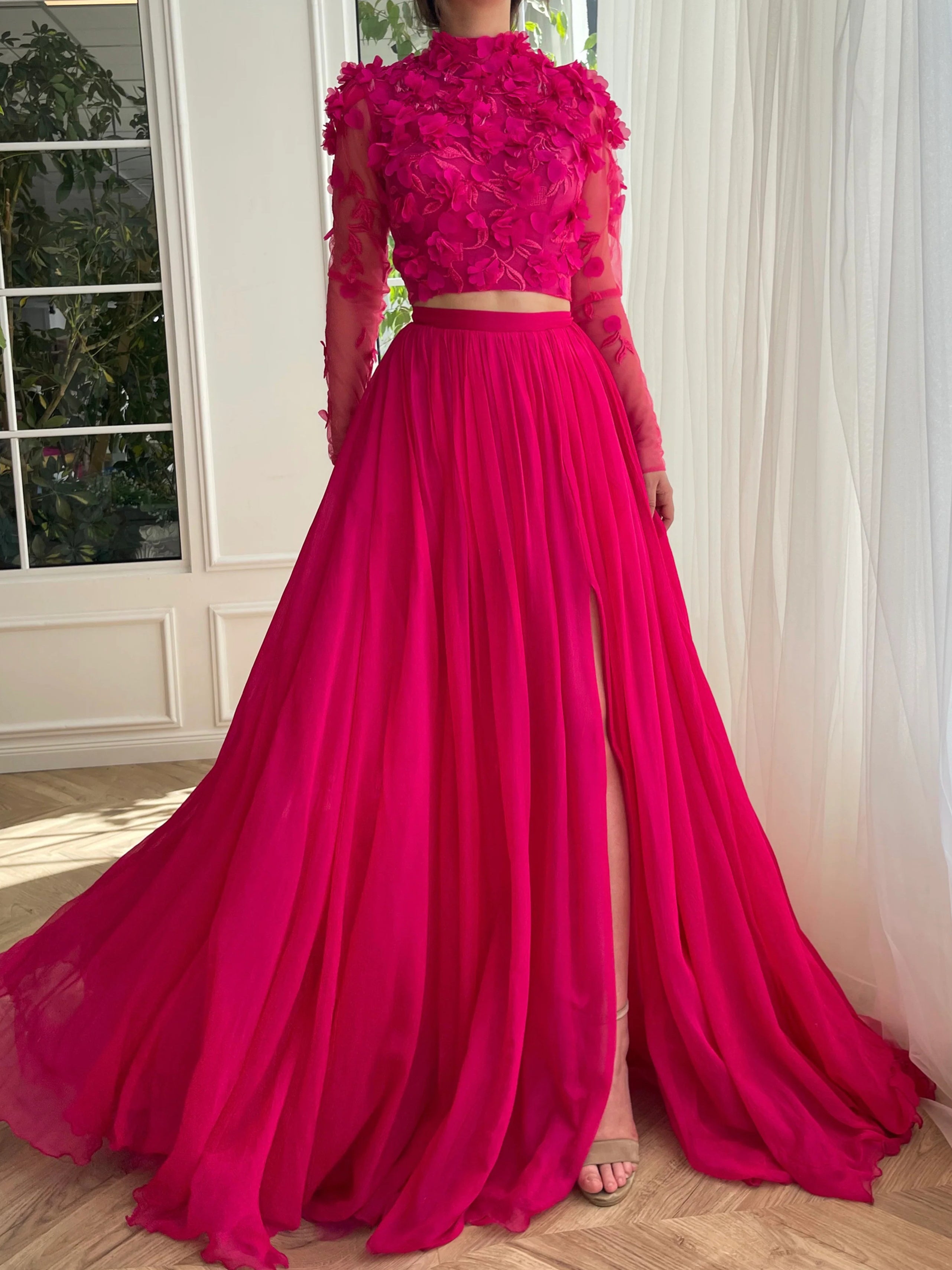 High Neck A-Line Princess Long Prom Dress with Side Split