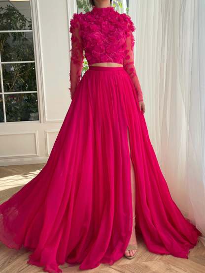 High Neck A-Line Princess Long Prom Dress with Side Split