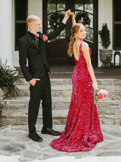 Plunge Neck Sequin Mermaid Long Prom Dress