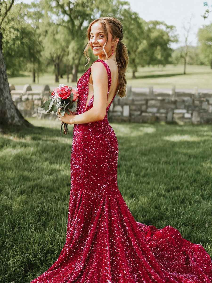 Plunge Neck Sequin Mermaid Long Prom Dress