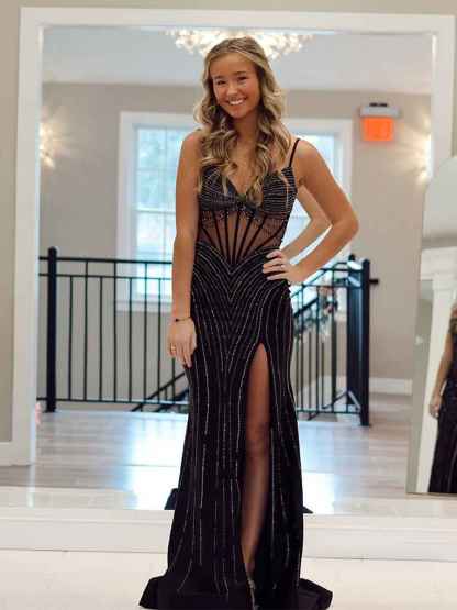 Plunging V-Neck Crystal Corset Bodice Prom Dress with Slit