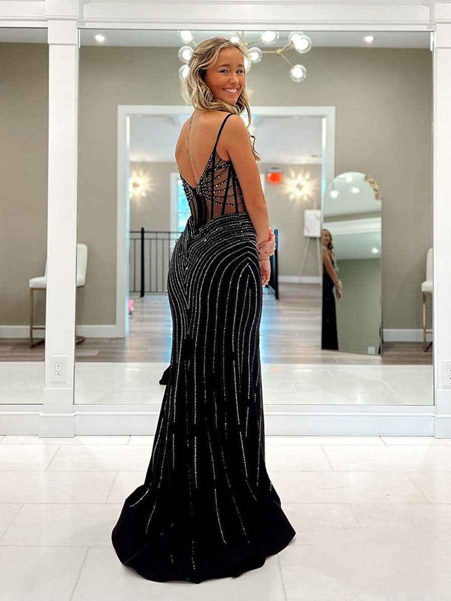 Plunging V-Neck Crystal Corset Bodice Prom Dress with Slit