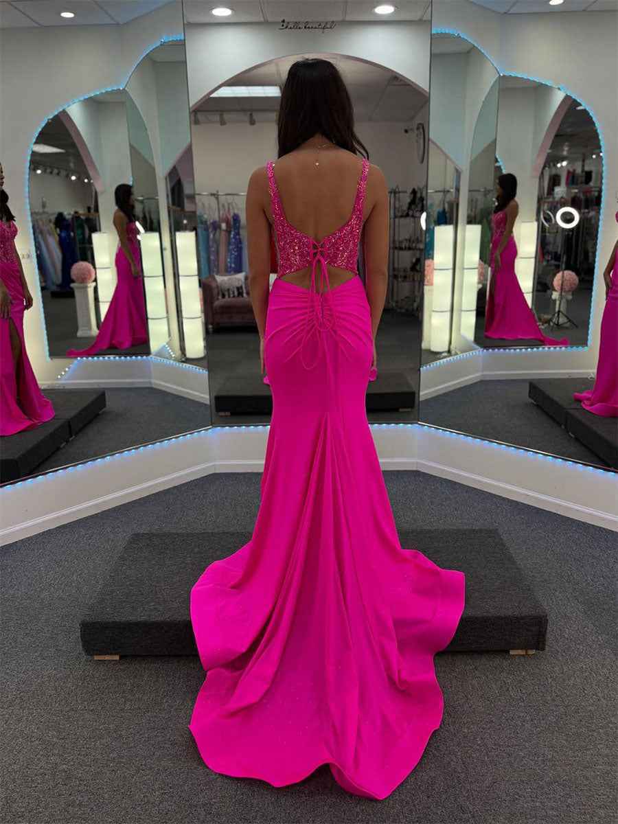 Plunging V-Neck Beaded Corset Bodice Prom Dress with High Slit