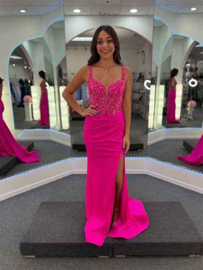 Plunging V-Neck Beaded Corset Bodice Prom Dress with High Slit