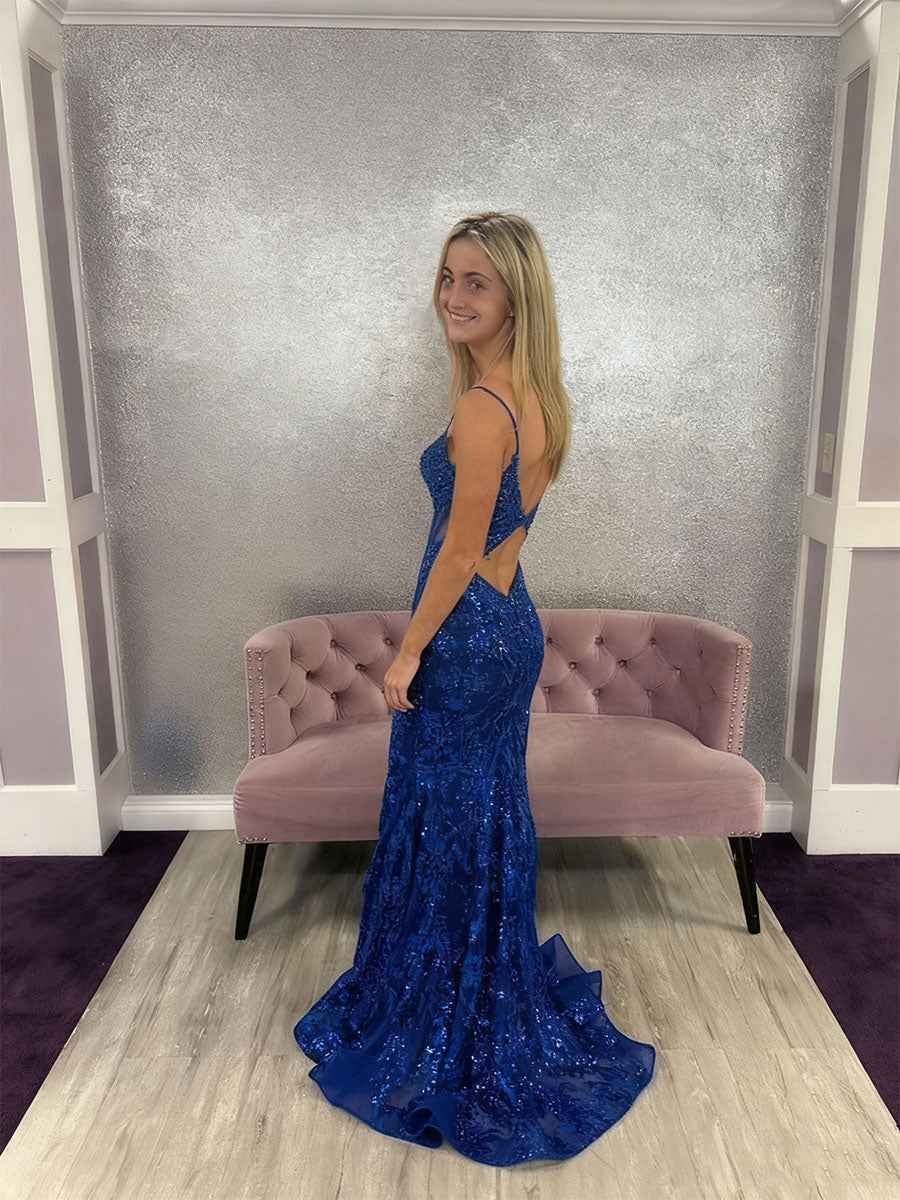 Plunging V-Neck Sequin Lace Sheer Corset Prom Dress