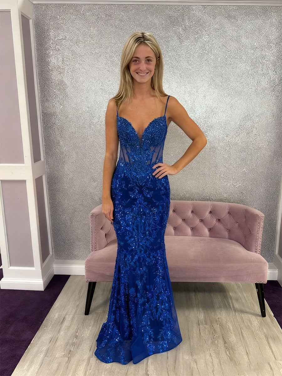 Plunging V-Neck Sequin Lace Sheer Corset Prom Dress