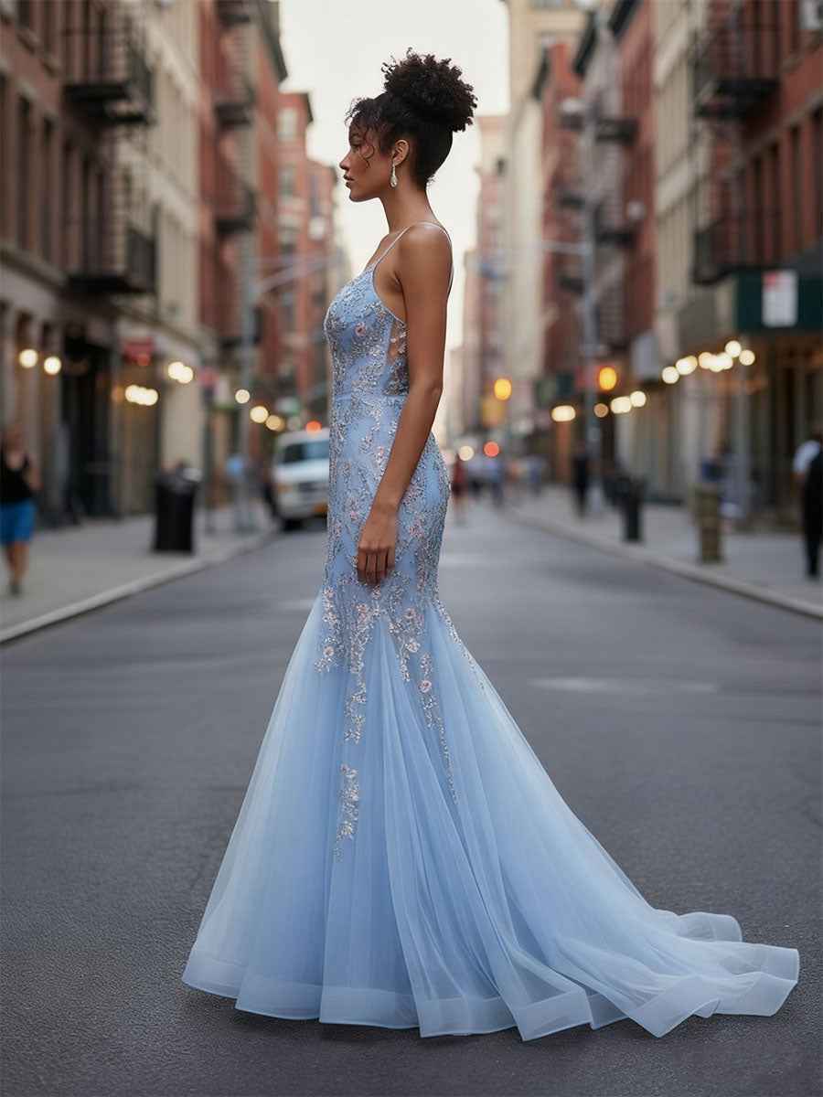 Plunging V-Neck Tulle Mermaid Prom Dress with Floral Embroidery