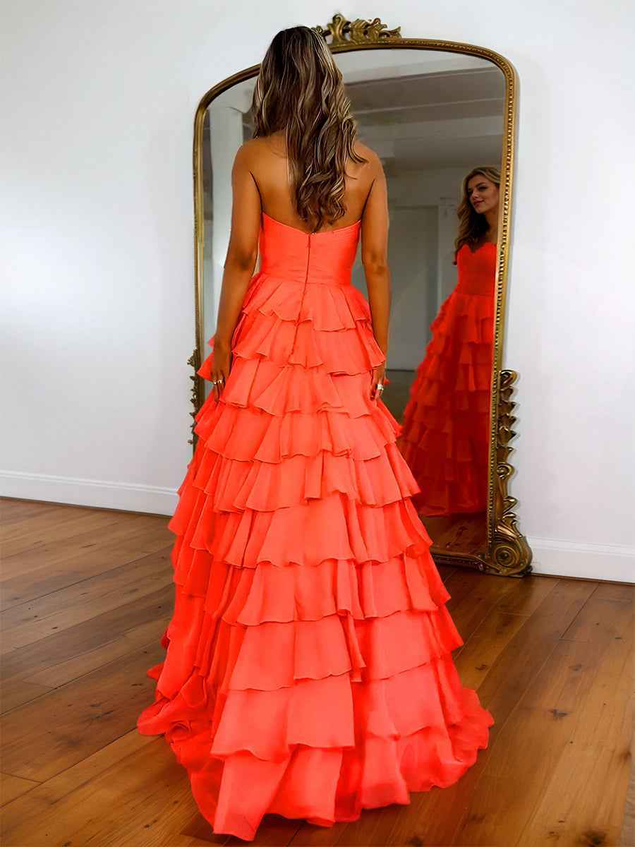 Princess Orange Strapless Sweetheart Tiered Long Prom Dress