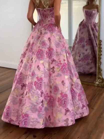 A Line Prom Dresses 3D Floral Strapless Evening Party Dresses with Bead