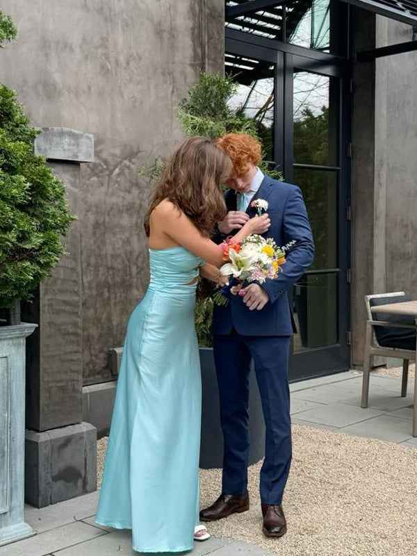 Yellow Strapless Knot Front Satin Fitted Long Prom Party Dress