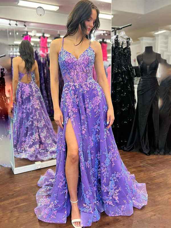 Purple A Line Spaghetti Straps V-Neck Lace Appliques Prom Dress with Slit