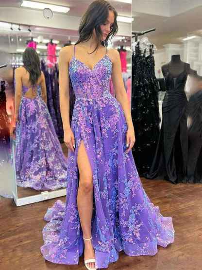 Purple A Line Spaghetti Straps V-Neck Lace Appliques Prom Dress with Slit