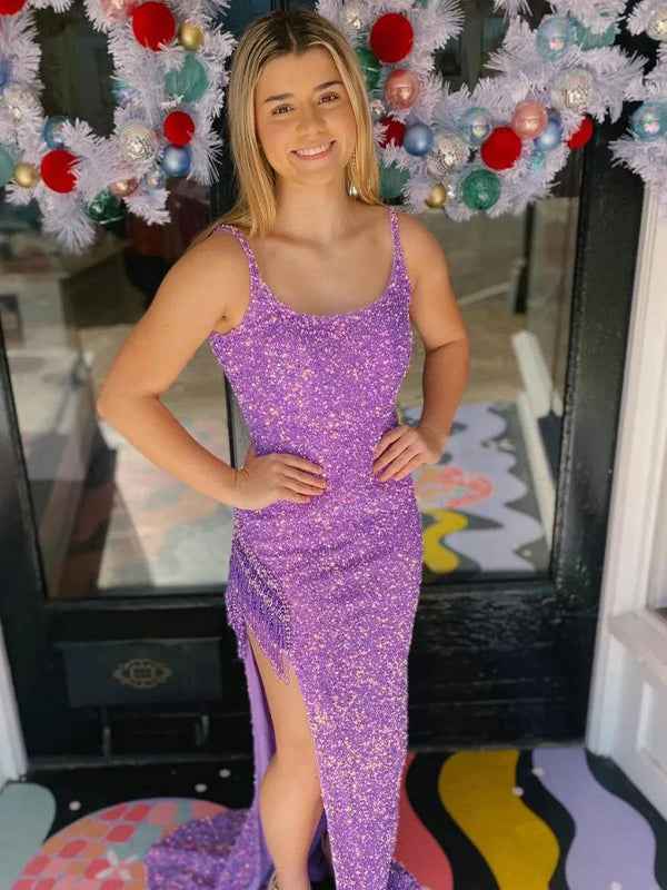 Sparkly Purple Mermaid Sequined Long Prom Dress with Slit