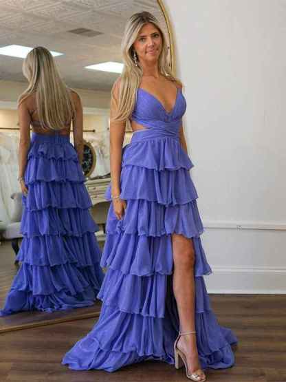 Purple A Line Spaghetti V-Neck Prom Dress with Cascading Ruffles