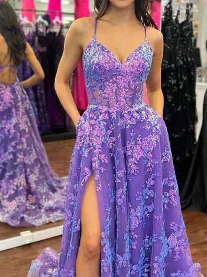 Purple A Line Spaghetti Straps V-Neck Lace Appliques Prom Dress with Slit