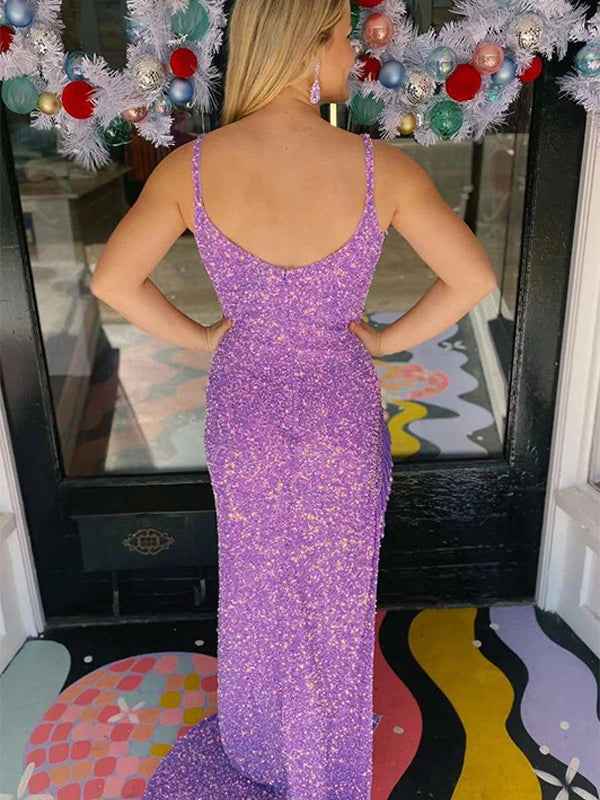Sparkly Purple Mermaid Sequined Long Prom Dress with Slit
