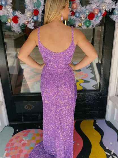Sparkly Purple Mermaid Sequined Long Prom Dress with Slit