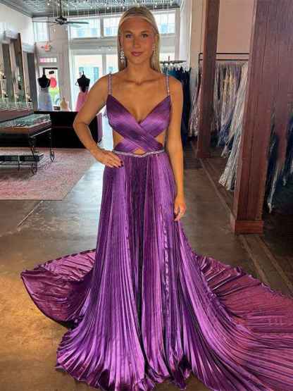 Pink A Line Pleated Cutout Open Back Prom Dress with Slit