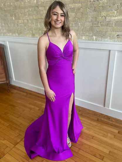 Purple Mermaid Spaghetti Strap Ruched Long Prom Dress with Slit