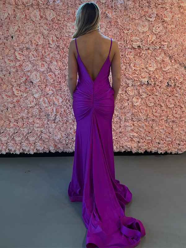 Purple Mermaid Spaghetti Straps Backless Long Satin Prom Dress