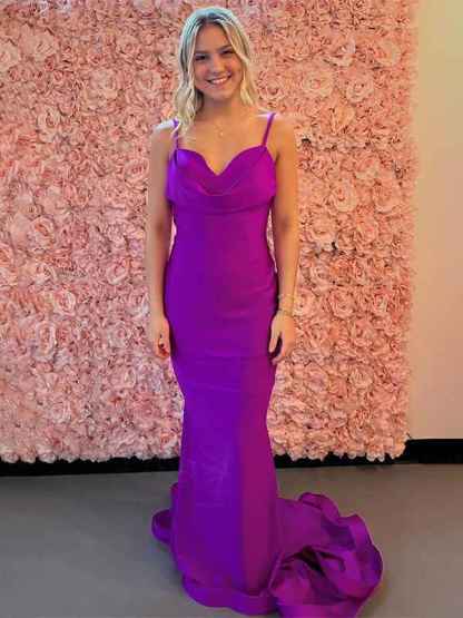 Purple Mermaid Spaghetti Straps Backless Long Satin Prom Dress