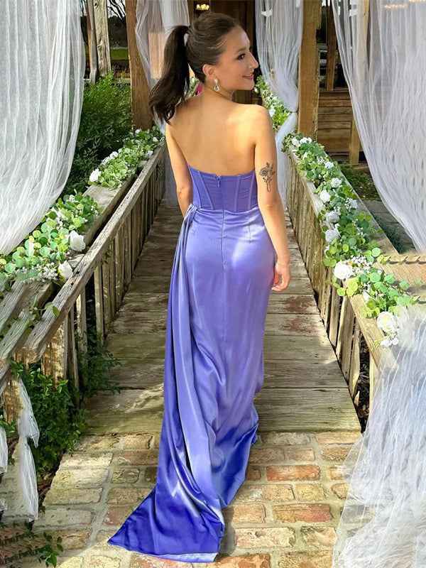 Purple Mermaid Strapless Pleated Long Prom Dress with Train