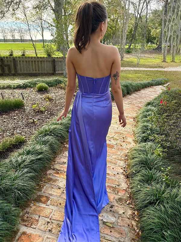 Purple Mermaid Strapless Pleated Long Prom Dress with Train