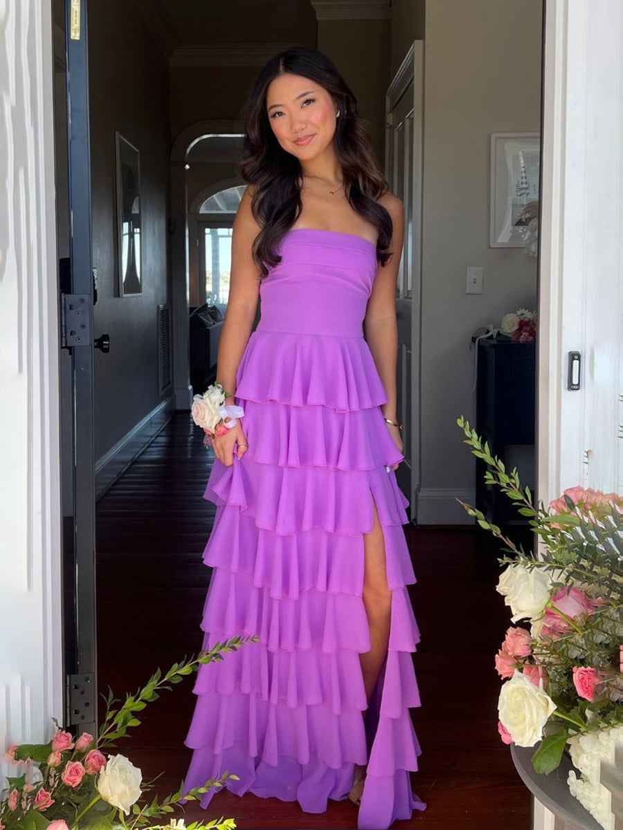 Purple Strapless Cascading Tiered Ruffle Prom Dress