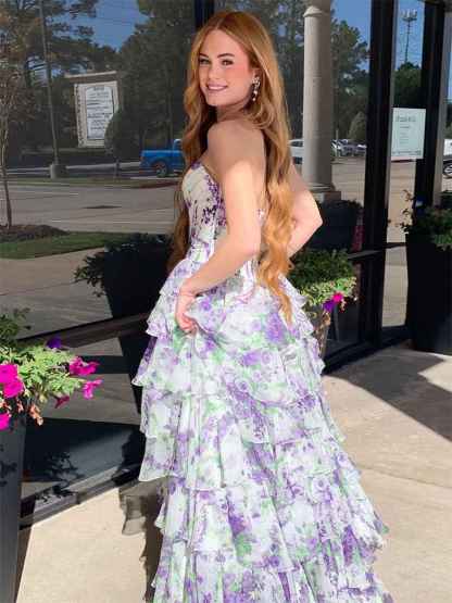 Purple Floral Print Strapless Tiered Ruffles Corset Prom Dress with Slit