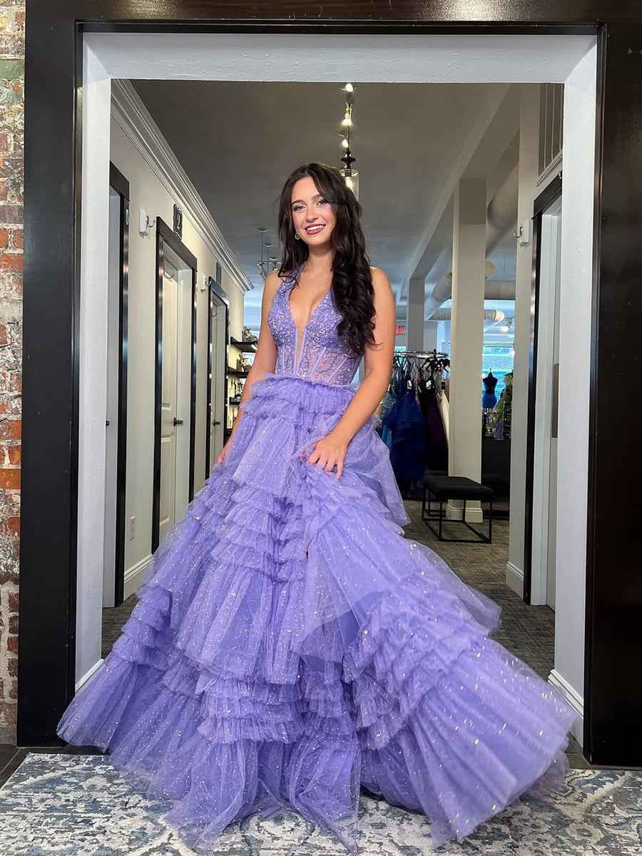 Purple Glitter Beaded Corset Tiered Ruffles Tulle Halter Prom Dress