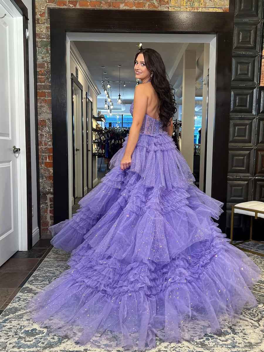 Purple Glitter Beaded Corset Tiered Ruffles Tulle Halter Prom Dress
