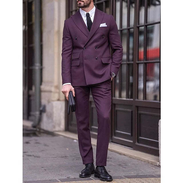 Double-Breasted Six-Button Tailored Men's Wedding Suit In Solid Colors