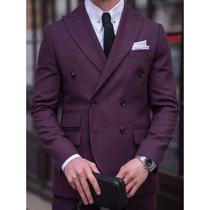 Double-Breasted Six-Button Tailored Men's Wedding Suit In Solid Colors