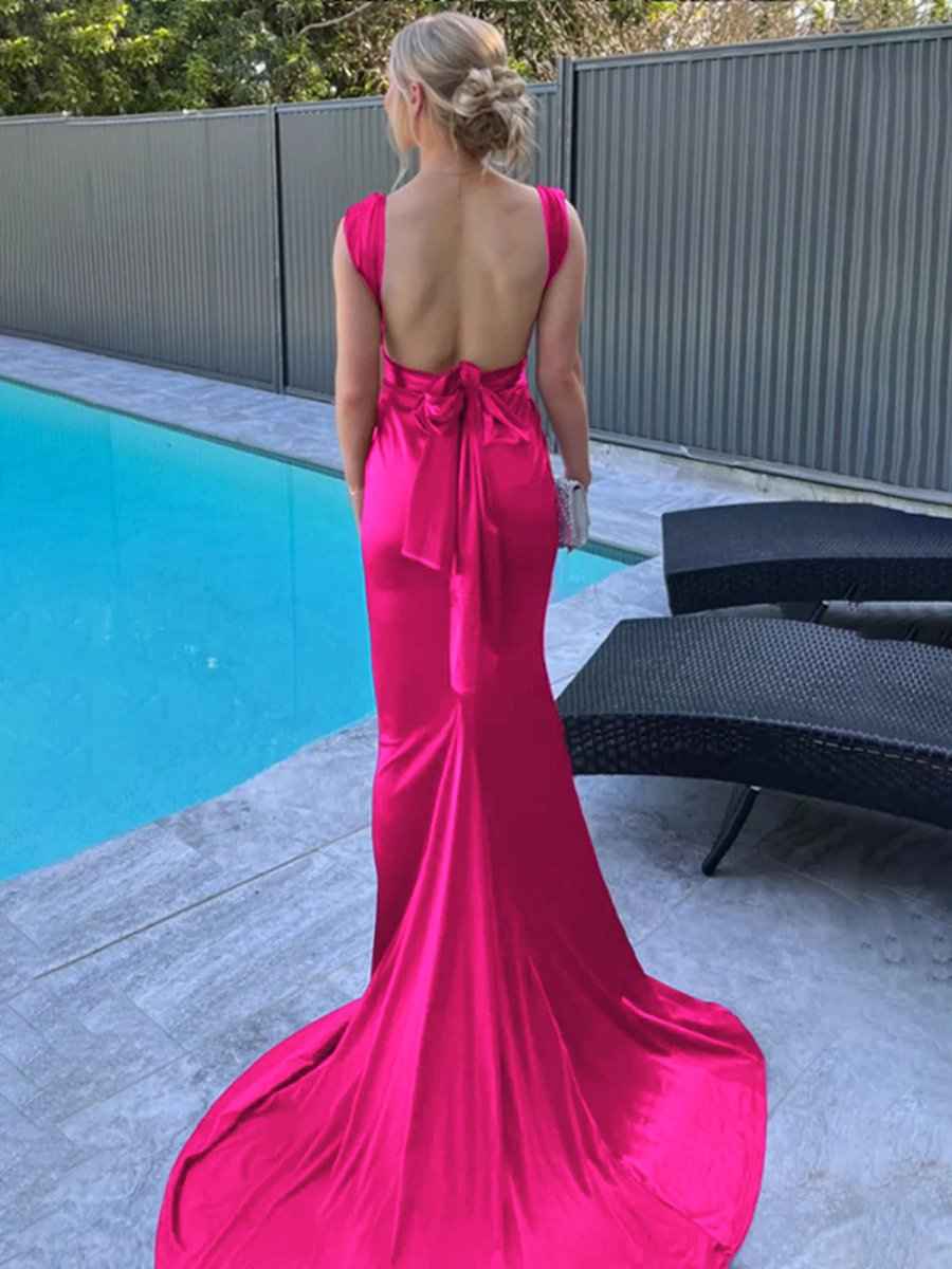 Purple Mermaid Straps Satin Pleated Long Prom Dress with Train