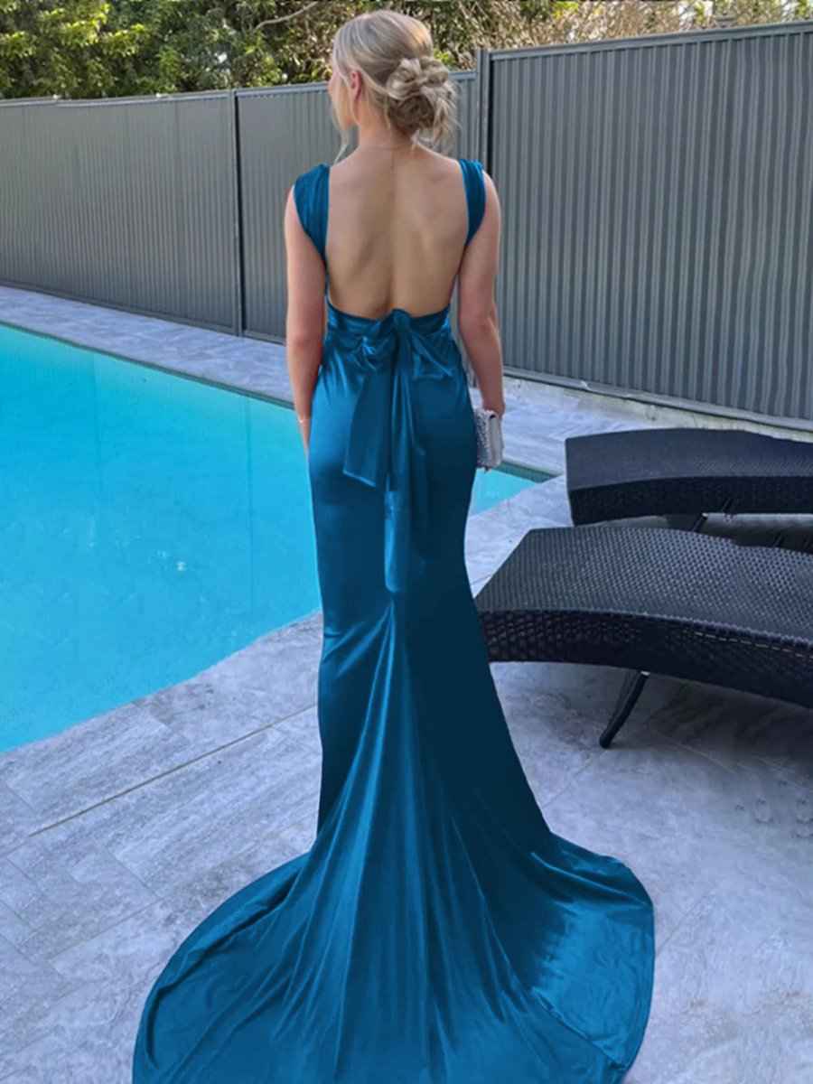 Purple Mermaid Straps Satin Pleated Long Prom Dress with Train