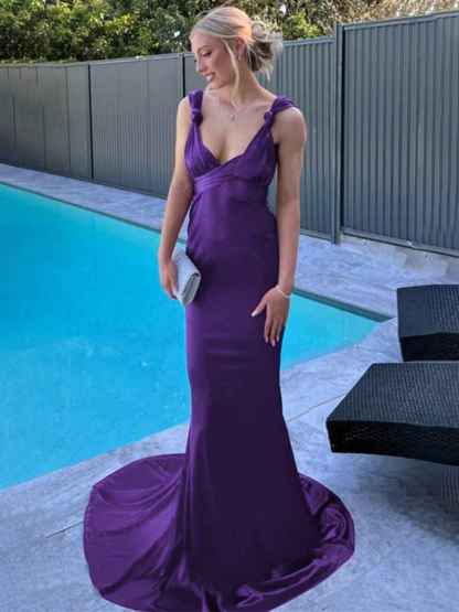 Purple Mermaid Straps Satin Pleated Long Prom Dress with Train
