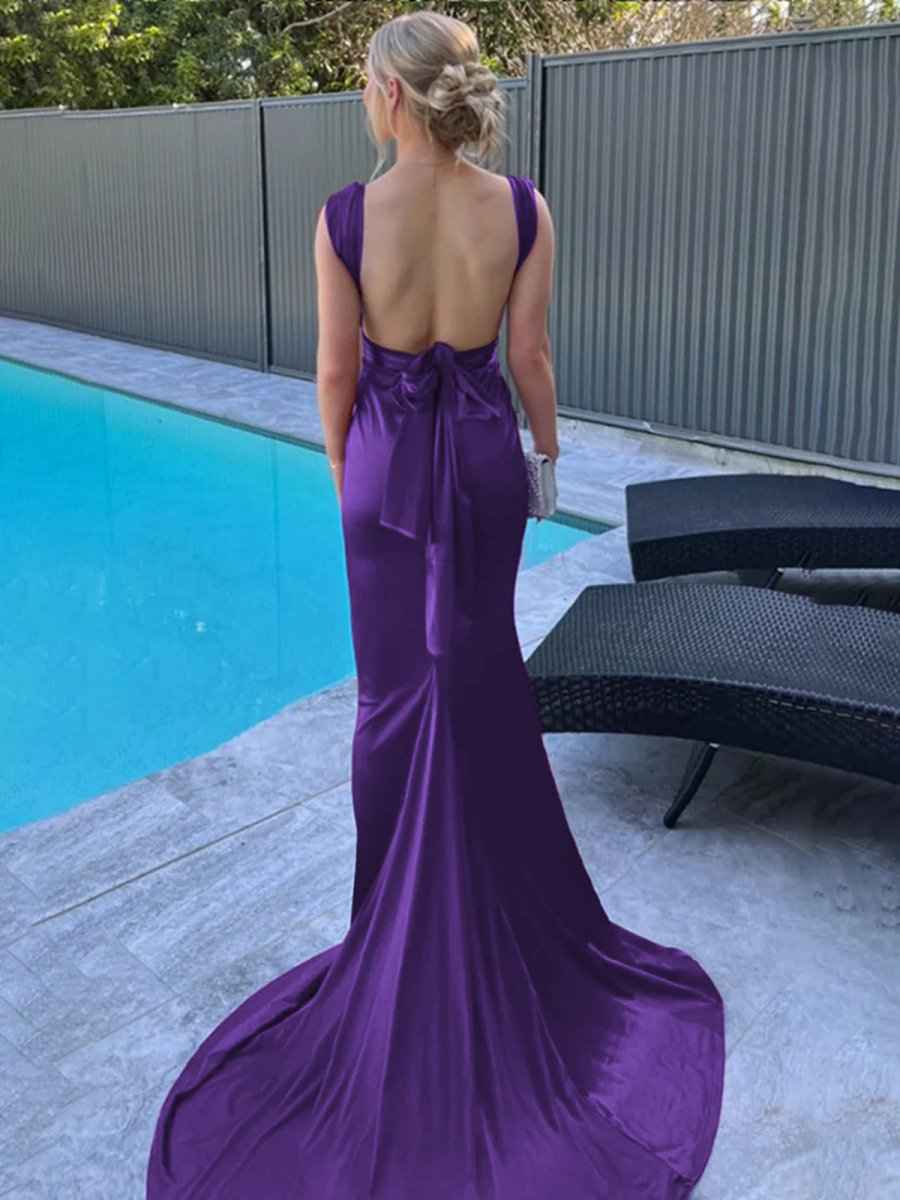Purple Mermaid Straps Satin Pleated Long Prom Dress with Train