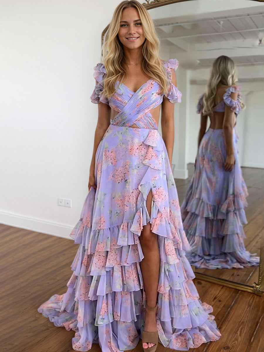 Purple Print A-Line Tiered Long Prom Dress with Slit