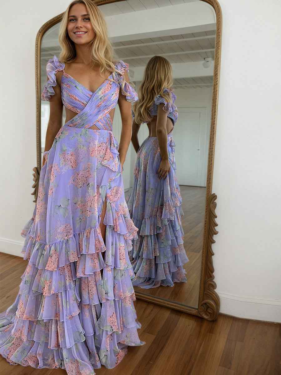 Purple Print A-Line Tiered Long Prom Dress with Slit