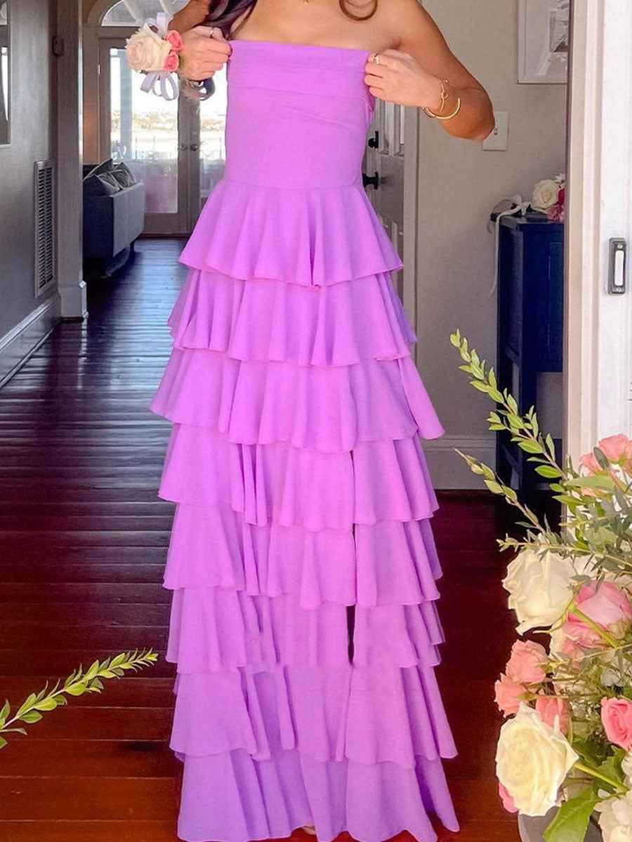 Purple Strapless Cascading Tiered Ruffle Prom Dress