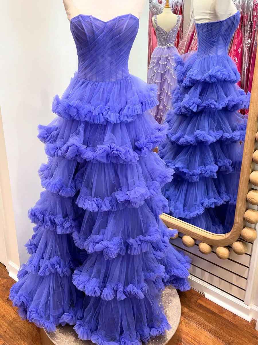 Purple Strapless Tiered Ruffle Corset Prom Dress with Slit