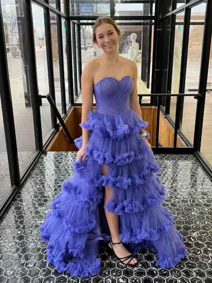 Purple Strapless Tiered Ruffle Corset Prom Dress with Slit