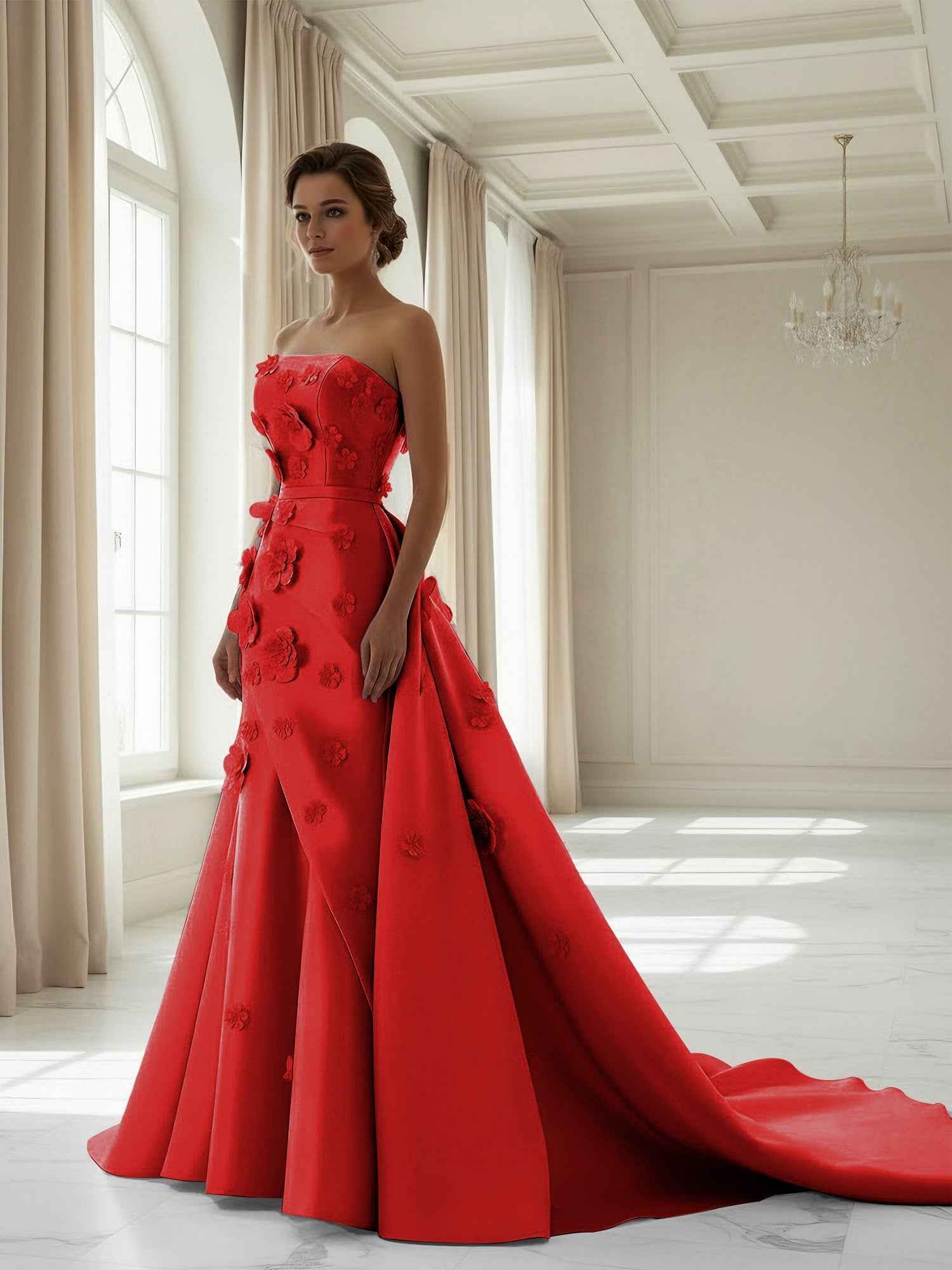 Pink A Line Satin Strapless Prom Dress with 3D Floral Appliques