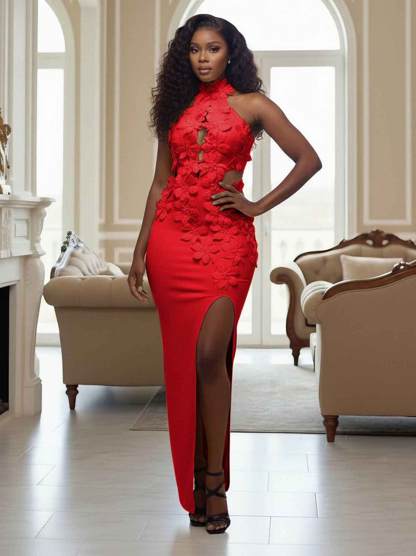 Yellow Halter Neck 3D Flower Mermaid Long Prom Dress with Slit