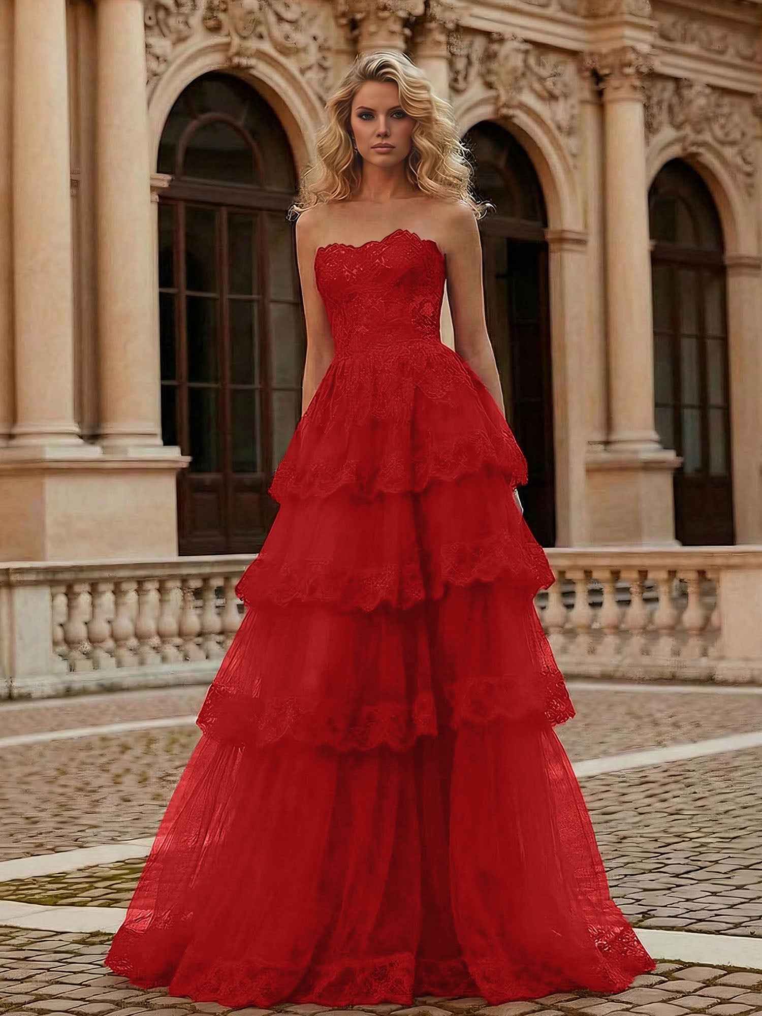 Red Tiered Tulle Strapless Lace Bodice A-Line Long Prom Dress