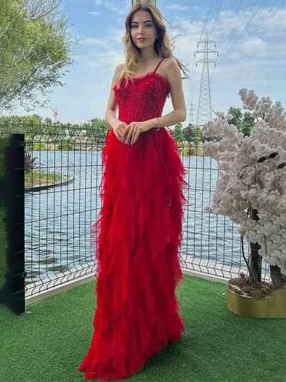 Red Mermaid Spaghetti Straps Tulle Long Prom Dress with Ruffles