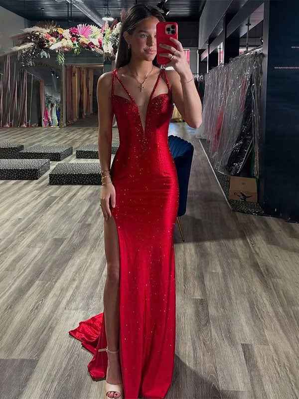 Red Mermaid Rhinestone V-Neck Long Prom Dress with Slit