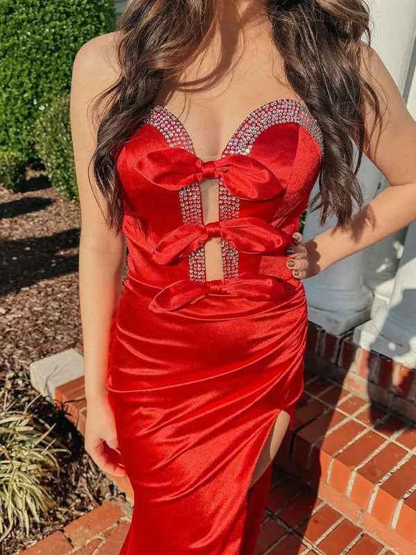 Red Mermaid Strapless V-Neck Bow Pleated Long Prom Dress with Slit